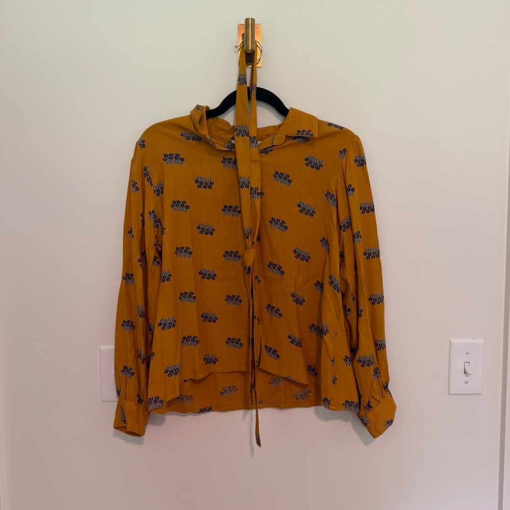 Compania Fantastica Mustard Yellow Floral Button Down Blouse Tie Neck Small